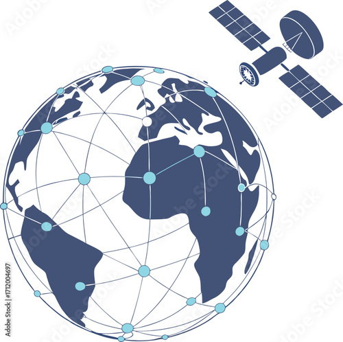 Global communications network, satellite orbiting Earth for worldwide connectivity, modern vector design