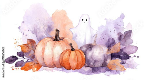 Sweet Halloween Illustration Pattern with Friendly Ghosts Jack-o'-Lanterns and Purple Bat Elements