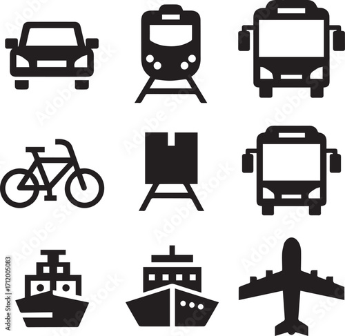 Create Block Transportation, vehicle icon set. Vector glyph pictograms of travel, logistics, public transit concepts, car, train, bus, bicycle, boat, and airplane black silhouette illustration