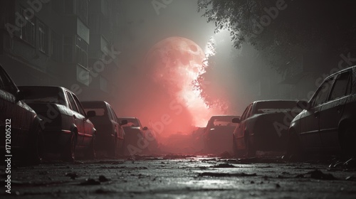 Dystopian Landscape with Crashed Vehicles Dense Fog and Eerie Red Illumination in Abandoned Setting