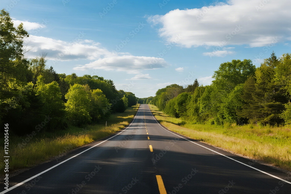 Fototapeta premium A long straight road surrounded by lush green trees under a clear blue sky