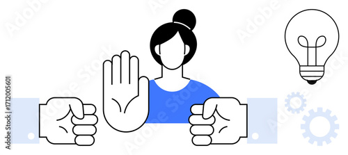 Female figure raises her hand to halt dispute between two fists, accompanied by lightbulb and gear icons. Ideal for teamwork, mediation, leadership, communication, conflict resolution, innovation