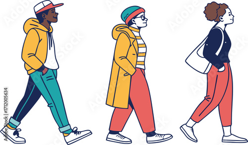 Diverse young adults walking with style showcasing modern urban fashion trends and youthful energy