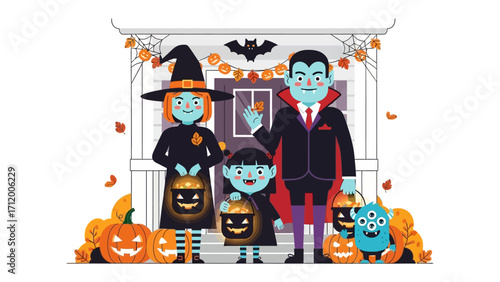 Halloween family in costume: A whimsical illustration of a family dressed in Halloween costumes, standing in front of a decorated house, exuding the spirit of All Hallows' Eve.