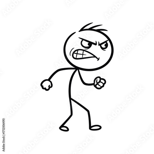 Angry stick figure clenching fists, standing firmly with determination, showing strength and fury, created as a clean bold minimalist vector sketch art.