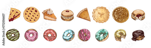 Hand drawn vintage sketch set of pies, pie slices and colorful glazed donuts in sweet dessert bakery collection