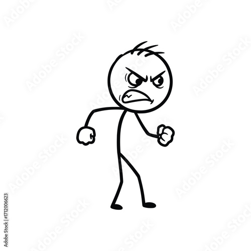 Angry stick figure clenching fists with furious expression, showing rage and frustration, designed in a strong minimalist vector line art drawing style.