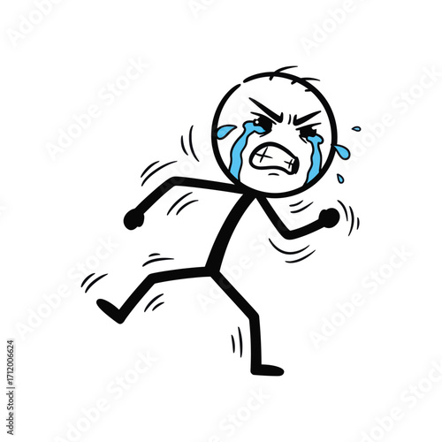 Crying stick figure running with tears streaming, expressing emotional distress and sadness, drawn as a bold minimalist expressive vector illustration.
