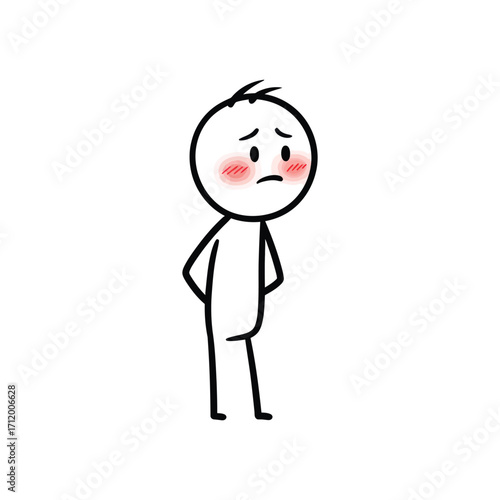 Shy blushing stick figure standing with modest expression, showing bashfulness, created in minimalist clean vector line art emotional drawing design.