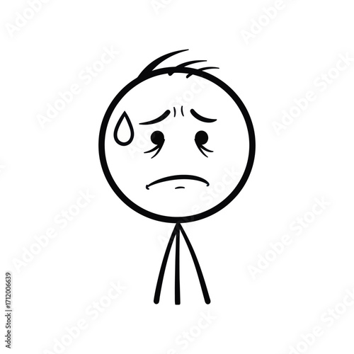 Sad sweating stick figure face with worried eyes and teardrop, expressing stress and anxiety, drawn in a simple minimalist vector sketch illustration.