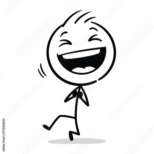 Laughing stick figure running with wide mouth open, showing joy, fun, and amusement, designed in a clean minimalist vector illustration line drawing.