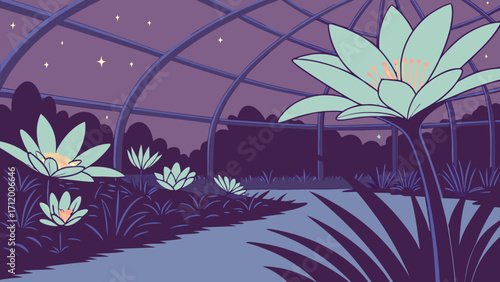 Dreamy night garden featuring water lilies under a starlit sky, peaceful, serene and calming