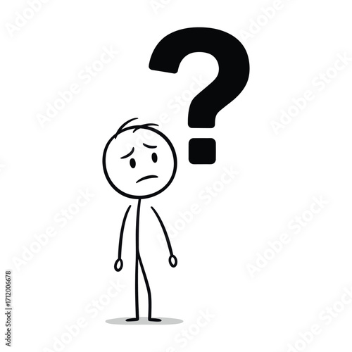 Worried stick figure standing under question mark, expressing doubt and insecurity, drawn in minimalist emotional vector line art illustration style.