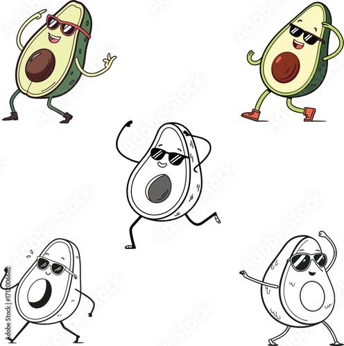 Fun avocado characters dancing with sunglasses for summer designs and healthy food promotions
