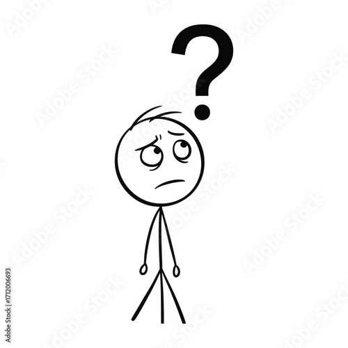 Confused stick figure standing with large question mark above head, representing doubt and uncertainty, drawn in clean minimalist vector illustration.