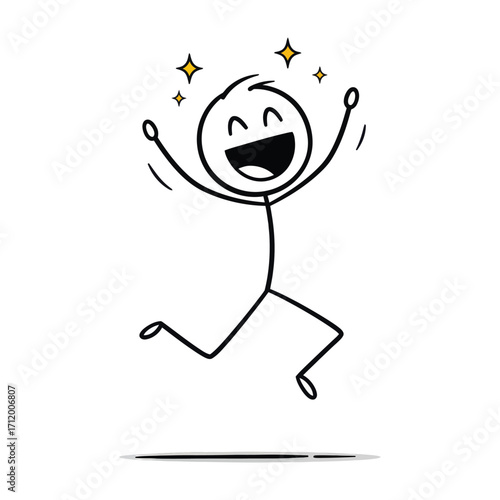 Joyful stick figure jumping with sparkles, smiling widely with excitement, expressing pure happiness in a clean and minimalist vector line sketch.