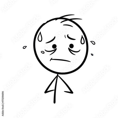 Nervous sweating stick figure face with droplets on forehead, looking anxious or worried, designed as a clean and simple emotional vector drawing.