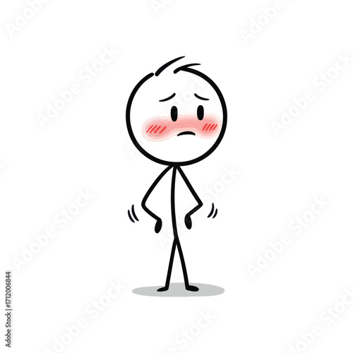 Shy blushing stick figure standing with a small smile, showing modesty and bashfulness, created in a simple and clean vector stick figure illustration.