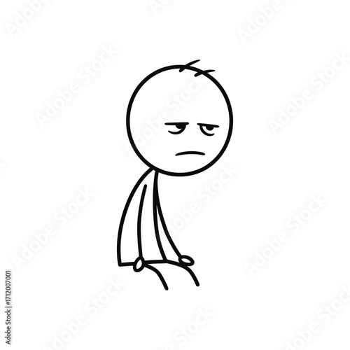 Lonely stick figure sitting quietly with head down, expressing isolation and sadness, designed in a simple emotional vector stick figure sketch.