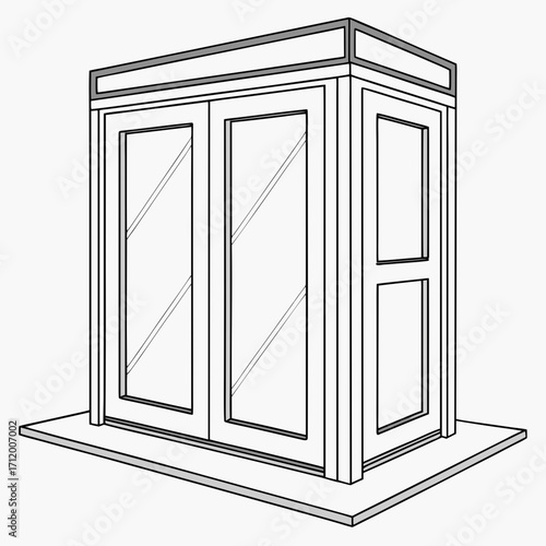 Architectural drawing of a modern glass entrance booth with double doors and a decorative top panel
