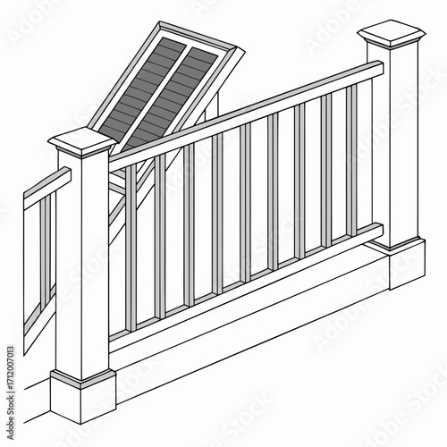Architectural illustration of a modern deck railing system with integrated solar panels on the stair landing