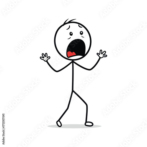 Scared stick figure person screaming loudly with raised hands, wide eyes, and open mouth, expressing strong fear in a clean black and white vector drawing.