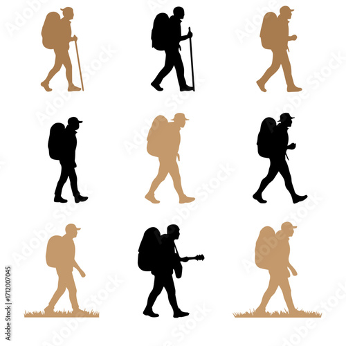 Hiker and backpacker silhouette vector set for outdoor adventure

