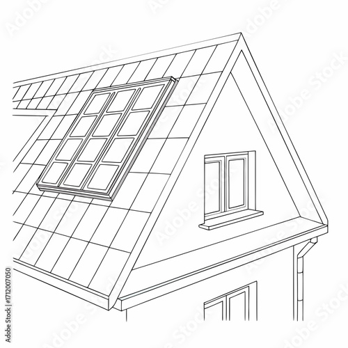 Architectural line drawing of a residential house roof with solar panels and dormer window