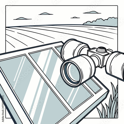 Binoculars resting on a solar panel overlooking a vast agricultural field under a cloudy sky