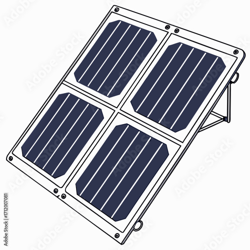Clean line art illustration of a portable solar panel with four cells mounted on a simple adjustable stand