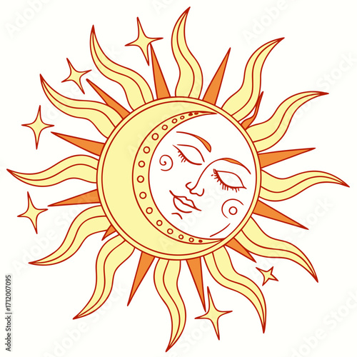 Celestial sun and moon face with stars and wavy rays in warm yellow and orange tones