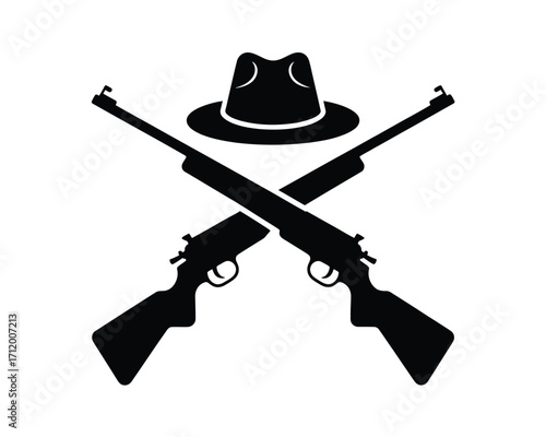 Crossed rifles and fedora hat silhouette