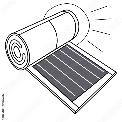 Illustration of a solar panel being unrolled with light rays emanating from a circular light source above
