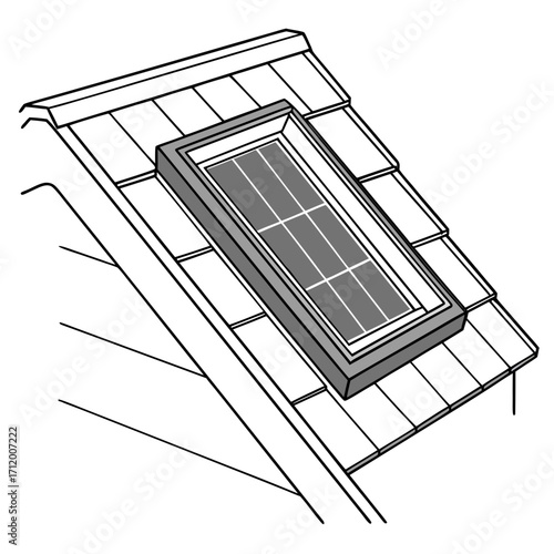 Illustration of a modern solar panel skylight integrated into a tiled roof structure