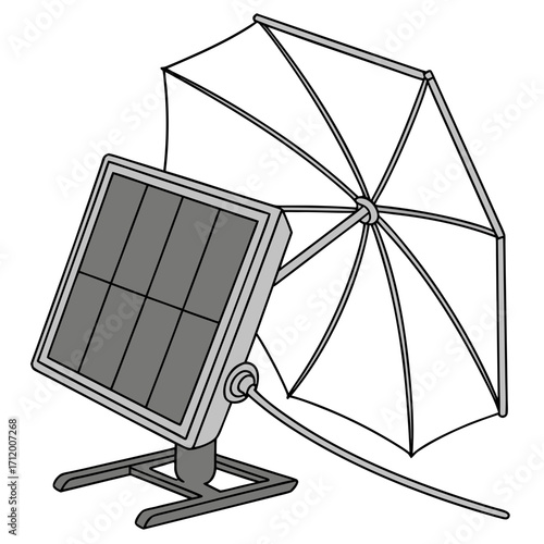 Illustration of a solar panel connected to an umbrella like device for energy generation or shade