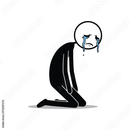 Kneeling stick figure crying loudly – vector drawing
