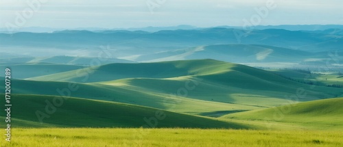 Expansive green grassy hills under a clear sky