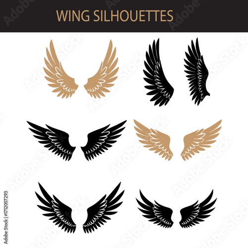 Angel and bird wing silhouette vector icon set

