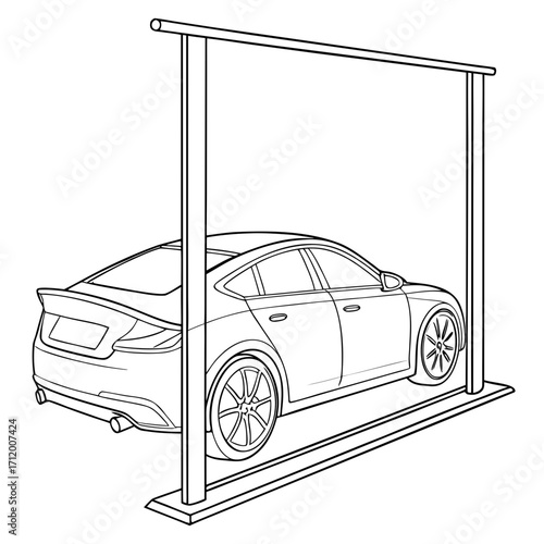 Modern sedan car undergoing inspection on a two post car lift in a workshop