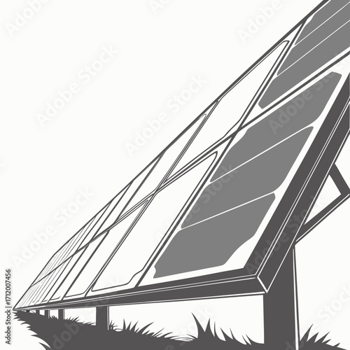 Modern solar panel array on metal frame installed on grassy ground under clear sky