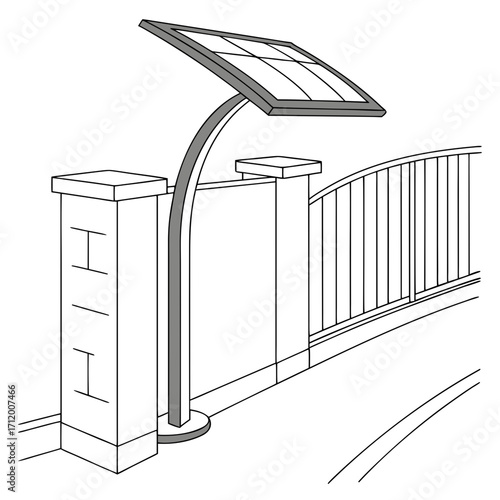 Modern solar powered gate opener system integrated with stone pillar and arched fence