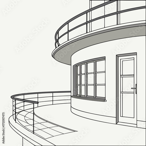 Modernist architecture with curved balconies and windows creating a sleek and geometric facade