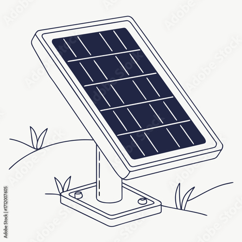 Simple line drawing of a single solar panel on a stand in a grassy field