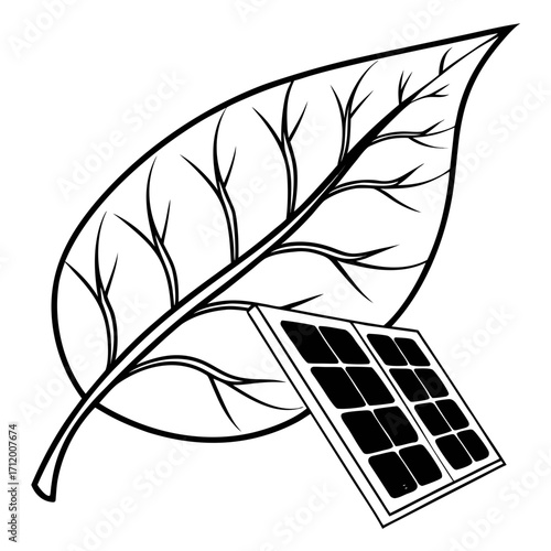Stylized black and white illustration of a leaf with a solar panel integrated into its structure