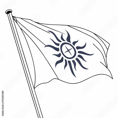 Stylized sun emblem on a white flag waving on a flagpole against a white background