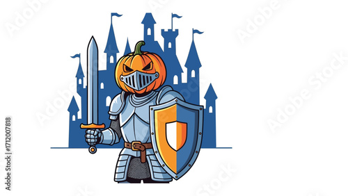 Halloween Knight guarding the kingdom: A formidable Halloween knight, clad in shining armor and with a pumpkin for a head, stands guard before a whimsical castle.