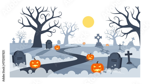 Haunted Halloween Landscape: A spooky, stylized illustration of a graveyard scene under a full moon, perfect for the Halloween season, evoking the mystery and eerie ambiance of All Hallows' Eve.