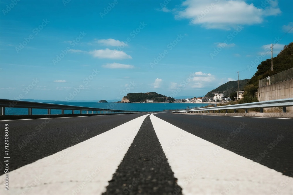 Fototapeta premium Straight road leading to a scenic coastal view under clear blue sky