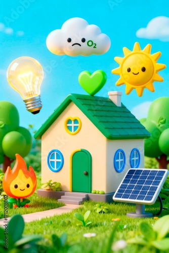 Eco-friendly cartoon cottage surrounded by nature, solar panels, and playful elements, symbolizing sustainable living and renewable energy in a whimsical, colorful landscape