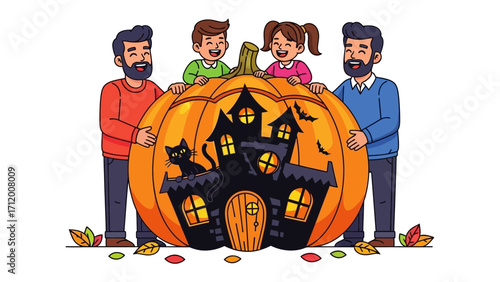 Halloween Family: A heartwarming cartoon illustration shows a family united in the spirit of Halloween. They're holding a giant carved pumpkin featuring a haunted house.